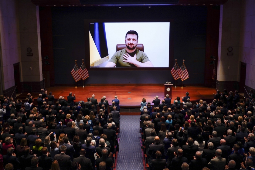 Volodymyr Zelenskiy addressing members of Congress virtually at the U.S. Capitol in Washington, D.C., 16 March 2022. &copy; J. Scott Applewhite/ AP Photo/ Bloomberg via Getty Images/ Ideal Image