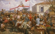 Αρκάντι Πλαστόφ, Γιορτή στο κολχόζ, 1937, Κρατικό Ρωσικό Μουσείο, Αγία Πετρούπολη. Το έργο φιλοτεχνήθηκε την εποχή του Μεγάλου Τρόμου και αφού είχε προηγηθεί ο Μεγάλος Λιμός στην Ουκρανία.